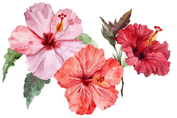 Watercolor hibiscus clipart with tropical blooms in shades of red and pink 