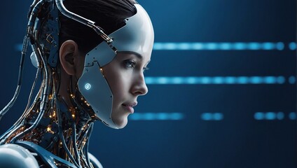 side view of robot female on blue background while created with futuristic technology with wires connected from body to head