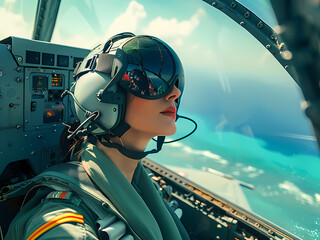 AI-Generated image of A woman piloting a plane with a woman passenger. The woman pilot is wearing a helmet and sunglasses