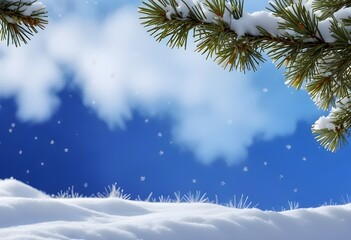 A snowy winter landscape with a pine tree branch covered in snow against a blue sky with falling snowflakes