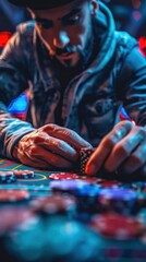 A man in a hat is gambling at a casino.