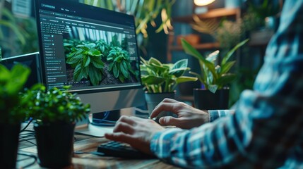 A man is working on a computer in a room full of plants. - Powered by Adobe