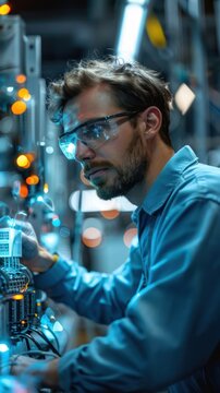 A male technician wearing safety glasses works on a complex piece of machinery in a factory.