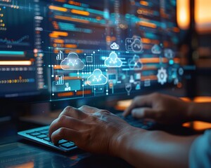 A person is typing on a computer keyboard with a futuristic digital interface showing various cloud computing symbols in the background.
