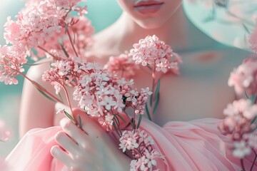 Obraz premium Elegant woman holding pink blossoms, depicting a serene and graceful moment in a lush spring setting.