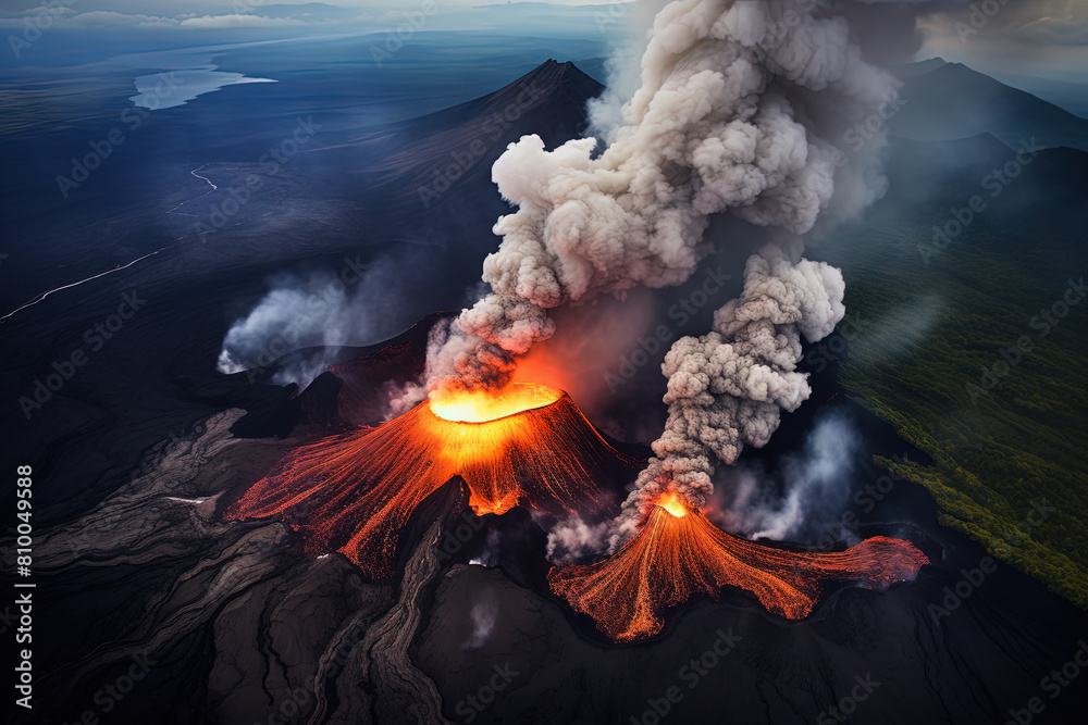 Wall mural volcano eruption from a bird view. volcano crater and magma flow shot from above. genertated ai.