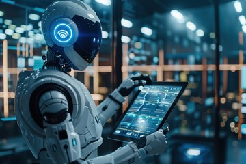A robot is standing in a futuristic room with a large window. The robot is wearing a helmet and holding a tablet. The robot is looking at the tablet.