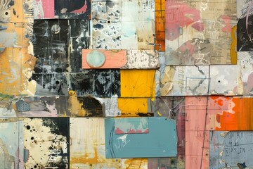A mixed-media abstract collage, with layers of paint and found objects