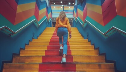 Colorful staircase with a woman climbing up