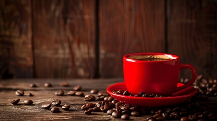 A red coffee cup and saucer on a wooden table with coffee beans scattered around it.
