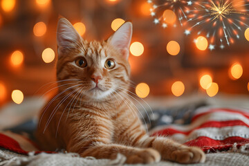 Funny patriotic cat in hat with American flag and fireworks on background, 4 July Independence Day celebration.