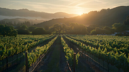 A serene sunrise over a sprawling vineyard, the early morning light casting a soft glow on dew-kissed grapevines