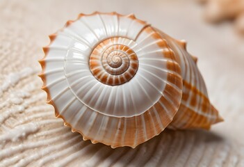 A seashell with a spiral pattern, showing the intricate details of the shell's surface