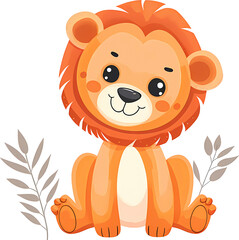 Obraz premium Cute cartoon lion sitting on transparent background. Vector illustration in a flat style.