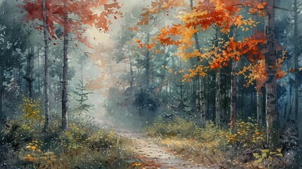 Early morning dew on a forest trail with vibrant autumn colors in a watercolor style