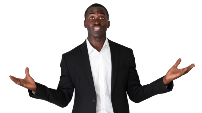 Business black man confused, Corporate businessman shrugging her shoulders on a transparent background 
