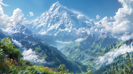 Capture the majestic rear view of snow-capped peaks rising above lush valleys, using vibrant digital CG 3D techniques to bring the mountain range to life