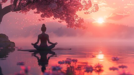 Capture the serene beauty of a wide-angle view yoga session at sunrise