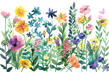 Watercolor wildflower clipart featuring a mix of colorful blooms and greenery 