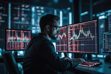 Programming coding and man with focus, hologram and trading with cyber security, futuristic and research. Male person, investor and employee with data analysis, server or investment with website info