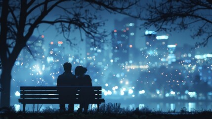 Craft a poignant image of two silhouetted figures sitting on a bench in a park