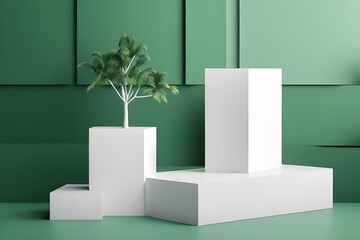 White rectangular 3D Podiums with green wall as a background for product photography backdrop, product photography background