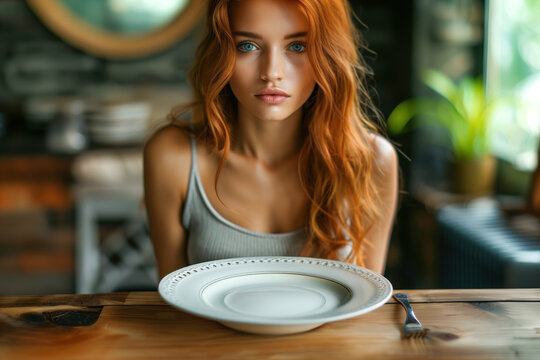 Red haired girl does not want eat, lost appetite, sits over empty plate in kitchen. Eating disorder concept. World eating action disorders day