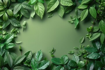 Flat lay, green fresh leaves on green background. Ecology concept. Top view, layout, template, mockup with place for text. World environment day, ecologist day