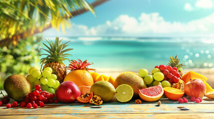 Tropical Fruit Assortment on Beachfront, Colorful Summer Refreshment
