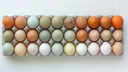   A dozen of eggs in a carton on a white table, with one egg in the center of the carton and one egg in the center of the carton