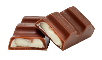 Pieces of chocolate with soft milk filling on a white background. Chocolate bar. Pastry