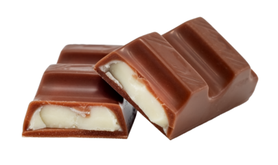 Pieces of chocolate with soft milk filling on a white background. Chocolate bar. Pastry