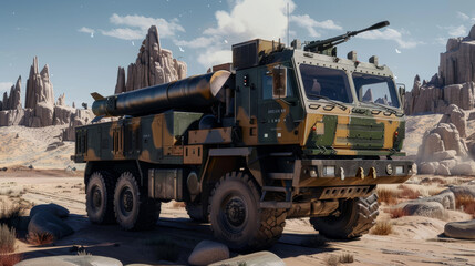 A large military vehicle with three rockets on top of it