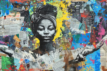 Fototapeta premium A woman is painted on a wall with a newspaper and magazine cutouts