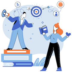 Self development concept. Idea of personal growth and progress. Learning and education. People study with books. Successful career start with knowledge improvement. Self-management, training, practice