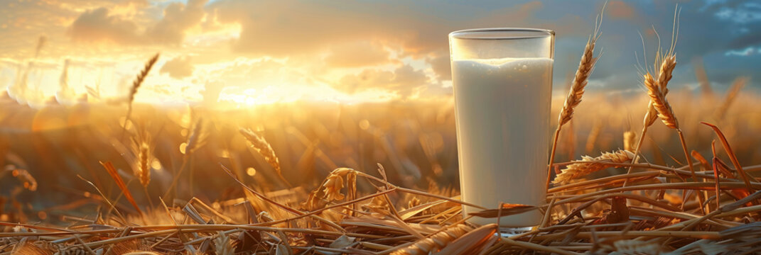 Glass of milk in wheat field at golden hour of sunset. Ears of wheat against backdrop of setting sun and glass of milk. Banner with place for text. World milk day