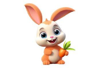 Charming Cartoon Rabbit with Carrot Isolated On Transparent Background PNG.