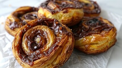 Fototapeta premium A stack of pastries on a wax paper atop a white tablecloth