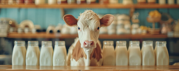 Humor: cow stands next to bottles of milk in the same row in milk store. Banner with place for text. Concept for World milk day - Powered by Adobe