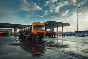 A yellow truck parked in front of a gas station. Perfect for transportation and travel concepts