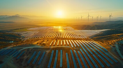 A  solar panels on a farm at sunset, illustrating the fusion of agriculture with renewable energy technology.