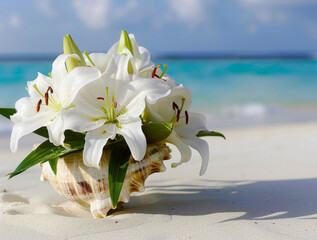 Bouquet of tropical white lily flowers 
in vase from seashell on sandy beach of ocean shore
in Maldives. Piece of paradise.