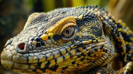 Obraz premium Closeup of Aggressive Nile Monitor Reptile with Exotic Claws and Intense Eye Gaze as Pet