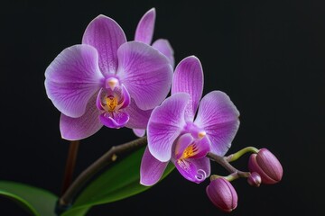 Obraz premium Blooming Mini Orchid in Vibrant Violet Color Isolated on Black Background - Macro Shot