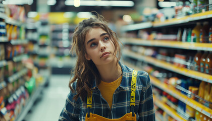 An anxious young woman pushes a shopping cart down a supermarket aisle, focused on shopping and considering product choices.