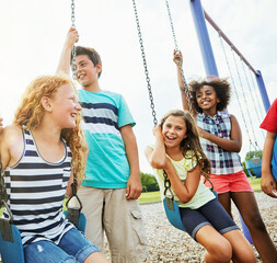 Smiling, children or kids in park outdoor playing together for friendship, bonding and relationship...