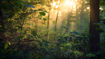 A serene woodland scene at dawn with light piercing through dense foliage, highlighting the dew on spider webs and leaves, captured in ultra HD