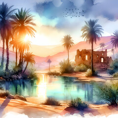 Serenity Springs: Finding Peace and Renewal in the Oasis Through the Artistry of Watercolors