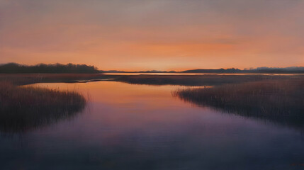 A soft sunset over a lowland creek, the sky painted in shades of orange and pink, reflecting on the calm water surface