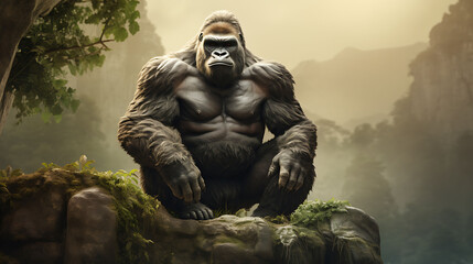 A majestic gorilla sitting regally on a rock, exuding strength and wisdom in the heart of the jungle.